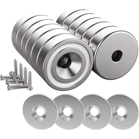 Lot de 12 aimants en néodyme 10 kg –Dimensions 20 x 7 mm avec trou et capsule –12 coussins en acier inclus –Installation facile