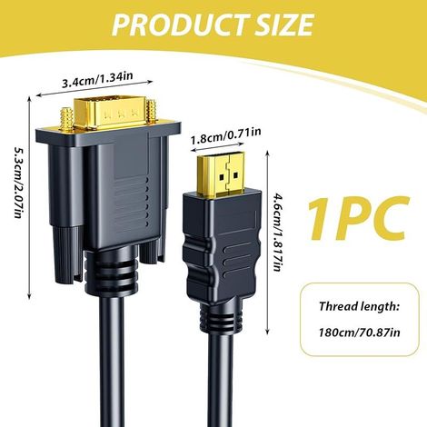 HDMI-auf-VGA-Kabel, 1,8 m, HDMI-Stecker auf VGA-Stecker, verchromtes Adapterkabel, kompatibel mit Laptop, Desktop-Computer, Projektor und HDTV (1/5)