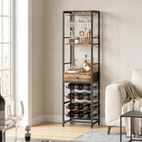Meuble bar à vin avec tiroir, style industriel, casier à vin pour 12 bouteilles, porte-verres, marron rustique