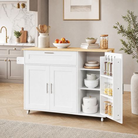 Isla de cocina 132,5x44x90 cm en MDF blanco y madera natural, extensible FloraGrace (1/5)
