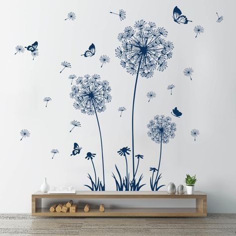 Stickers Muraux Pissenlit Bleu Autocollants Muraux Bleu Fleurs Sticker Mural papillons pissenlit pour Salons Chambres Bureaux Canapé Fond Décoration Murale De La Maison (1/5)