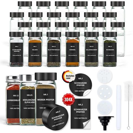 Lot de 24 pots à épices carrés avec étiquettes - En verre - 120 ml - Avec insert à saupoudrer - Étiquettes étanches - Rangement des épices pour le tiroir de cuisine - Noir (1/5)