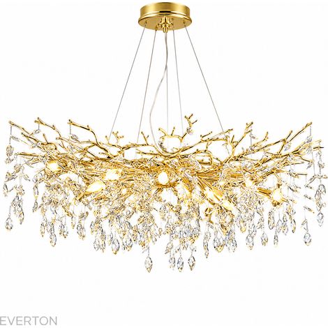 Lustre Artistique en Cristal K9 100 cm, Suspension Dorée Style Branches et Feuilles de Cristal, Luminaire de Luxe à Hauteur Réglable 120 cm, Métal Électroplaqué, Douille E14 pour Salon, Salle à Manger