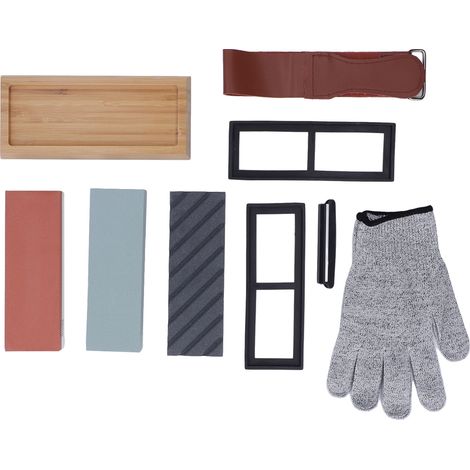 Kit affûtage couteaux pierre à huile bambou, set professionnel aiguisoir pierre à eau pour couteau boucher (1/5)