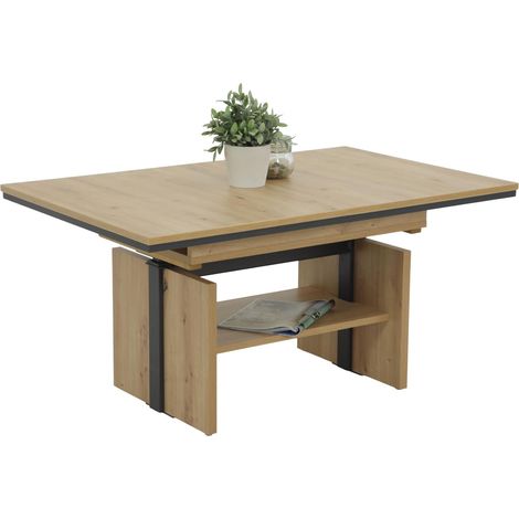 Tische, Table Basse, Fonctionnelle, en matériau dérivé du Bois avec revêtement mélaminé, décor chêne, Extensible 110 à 150 cm, réglable en Hauteur de 53 à 72 cm avec élévateur (1/5)
