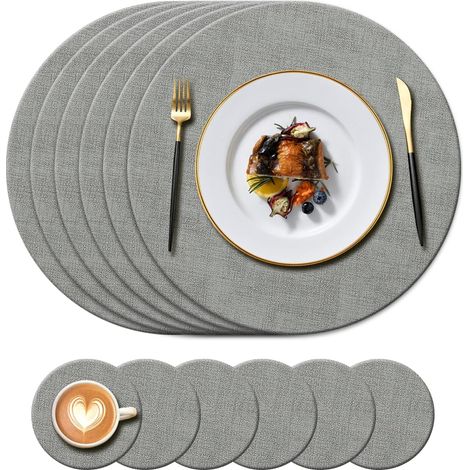 Lot de 6 sets de table ronds en cuir (34 cm) et 6 dessous de verre (10 cm), résistants à la chaleur, antidérapants, lavables, gris. (1/5)