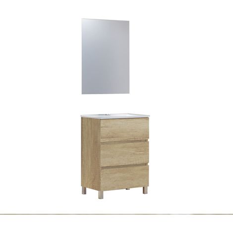 Ensemble de Meubles de Salle de Bain avec lavabo en céramique et Miroir Lune Lisse, Trois tiroirs, sur Pieds, Disponible en différentes Finitions. Meuble monté (1/5)
