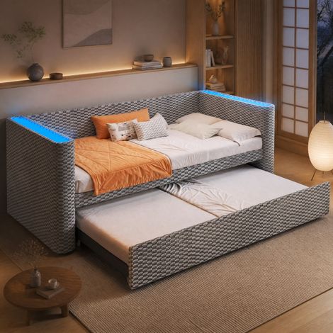 Tagesbett, Daybett, Schlafsofa, 90 × 200 cm, 180 × 200 cm, multifunktionales Ausziehbett-Design mit LED-Lichtleiste, Lattenrost (ohne Matratze), Samt, Grau (1/5)