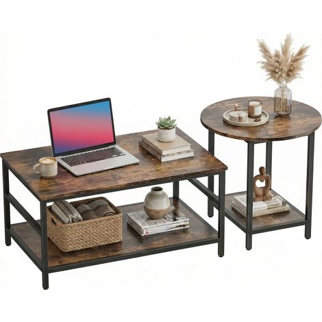 Couchtisch-Set, 2-teilig, rechteckiger und runder Tisch mit 2-stufigem Stauraum, für Wohnzimmer, Rustikal-Braun (1/5)