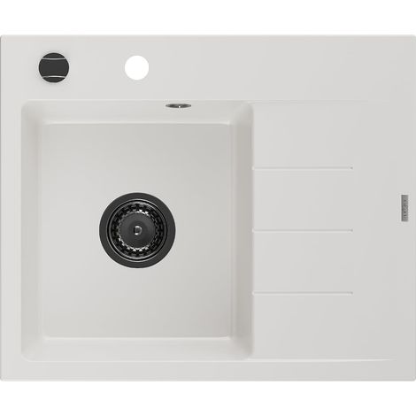Mexen Ben lavello in granito 1-vasca con scolapiatti, sinistro 600 x 500 mm, bianco, sifone nero - 6522605000-20-B (1/5)