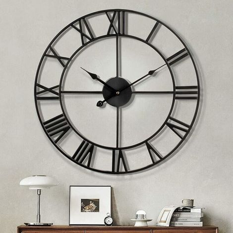 Modern Roman Numeral Wall Clocks Large Silent Round Metal Non-Ticking Wall Clocks for Living Room Kitchen Bedroom Vintage Garden Wall Clocks Decoration Black 40cm (1/4)