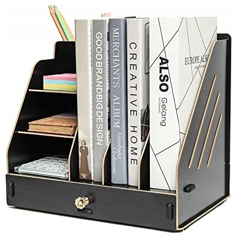 Schreibtisch-Organizer mit Holzschublade. Dokumentenständer für den Schreibtisch, schwarz. (1/5)