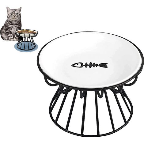 Anti-Erbrechen-Katzennapf, schnurrhaarfreundlich, erhöhter Keramiknapf mit Metallständer, flacher Keramiknapf für Futter und Wasser, Fischmuster, schwarz