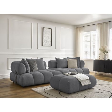 BOBOCHIC - Canapé droit fixe 4 places ALYA tissu bouclette avec pouf   Gris foncé (1/5)