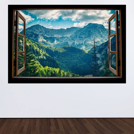 Stickers Trompe l'oeil fenêtre en bois - Montagnes - 60 x 90 cm (1/3)