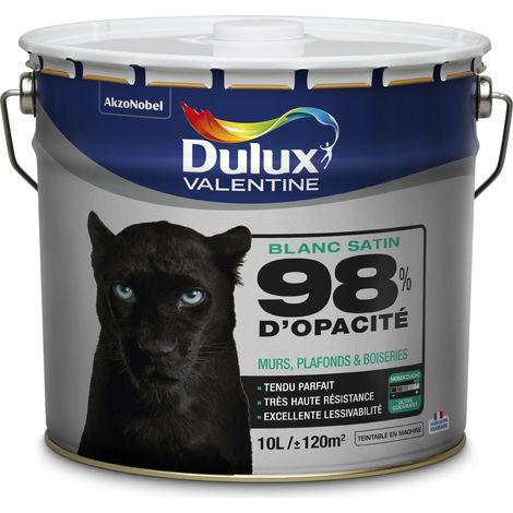 Peinture Blanche 98% Monocouche - Satin 10L - pour Murs Boiseries et Plafonds - Dulux Valentine