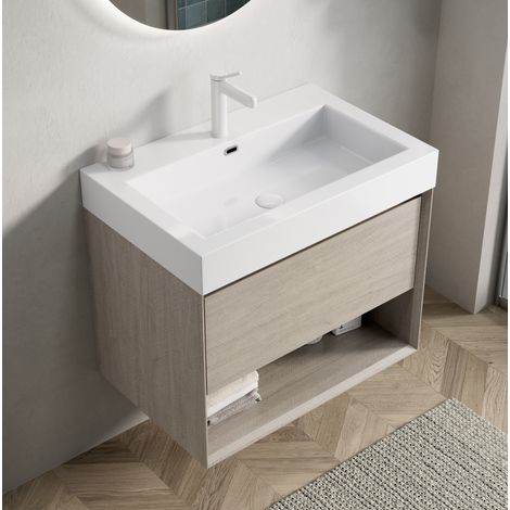 Meuble vasque mural 70 cm avec vasque rectangulaire en résine blanche, chêne clair (1/5)