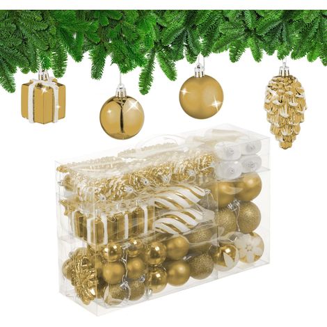 Boules de Noël, Lot de 72, en Plastique, Ornements de Sapin, cœurs, Bottes, Pommes de pin, dorées (1/5)