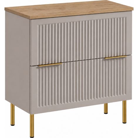 Mobile Bagno a Terra sotto Lavabo con Piano, 2 Cassetti con Chiusura Ammortizzata, Frontale Rigato MDF 18 mm, Cashmere + Piano Rovere chiaro, Maniglie Oro, Piedini Oro, 60 x 46 x 73,6 cm (1/5)