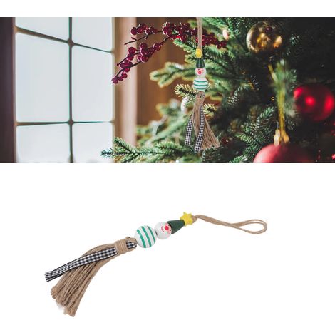 Lot de 5 articles de Noël à vendre : pendentifs en perles de bois, colliers de perles de bois colorées sur le thème de Noël, pendentifs en tissu à carreaux verts en forme d’étoile à cinq branches. (1/5)