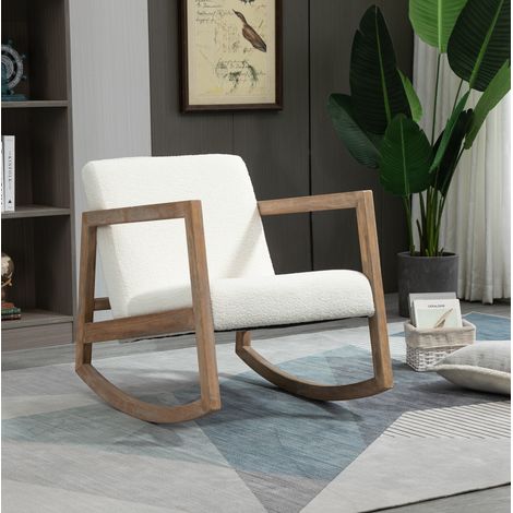 Chaise berçante 60x81x71 cm en bois et tissu peluche crème, style scandinave pour salon FloraGrace (1/5)