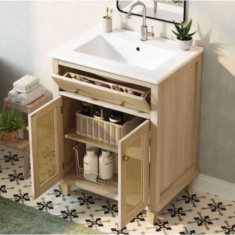 Meuble de salle de bain avec vasque en céramique 61 cm, portes en rotin, naturel OKMYHOME (1/5)