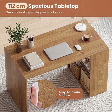 Bureau de jeu 112x60 cm avec 2 étagères latérales ouvertes et grand plan de travail, poste de travail en bois naturel (1/5)