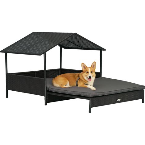 PawHut Extendable Rattan Dog House w/ Water-Resistant Roof, Cushion Grey (1/5)