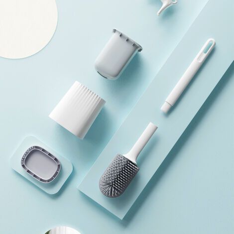 Brosse de toilette en silicone, brosse de cuvette de toilette et support Brosse de toilette avec poils en silicone Brosses de toilette plates et flexibles pour salle de bain avec support Brosse de net (1/5)