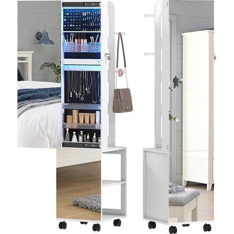 Armoire à bijoux avec miroir pivotant 360°, éclairage LED réglable, serrure de sécurité et étagères, noir, 37 x 40 x 165,5 cm