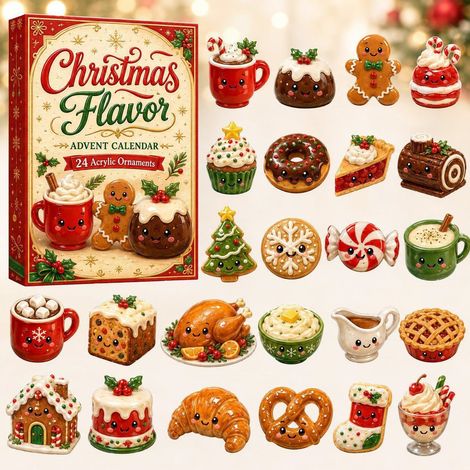 Adventskalender 2026 – 24-teilig – rot, grün, braun – Acryl – 24 Tage mit niedlichen Weihnachts-Dessert-Anhängern – Weihnachtsbaumschmuck – geeignet für Weihnachtsfeiern und als Dekoration für die Woh (1/5)