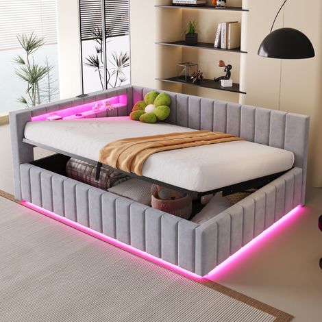 Letto a cassone adulti 140x200 cm con illuminazione LED, porta USB, divano letto, rete a doghe, in velluto, senza materasso, grigio chiaro (1/5)