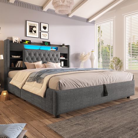 Polsterbett 180x200 mit Bettkasten USB-C LED Leinen Grau OKMYHOME (1/5)