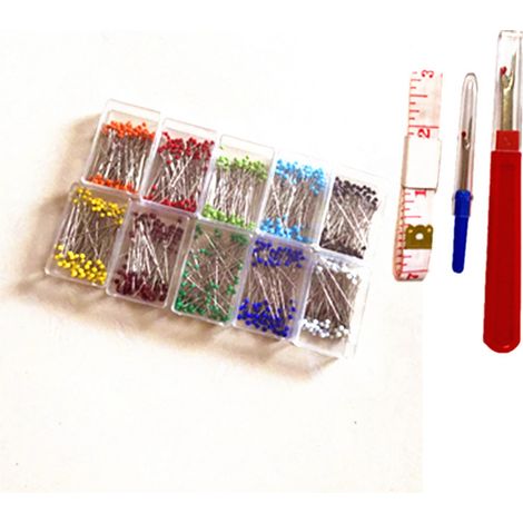1000 épingles à coudre multicolores (38 mm) à tête sphérique en verre, 10 couleurs différentes, avec découseur et mètre ruban souple pour la confection de vêtements et de bijoux. (1/5)