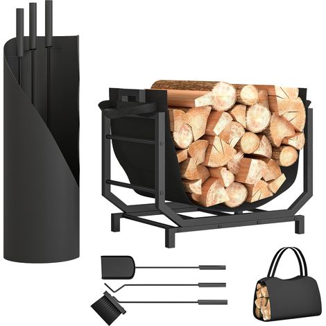 Range-bûches avec outils de cheminée - Outsunny - balai pelle tisonnier seau sac, charge 50 kg - métal - 53x33x43cm - noir (1/5)