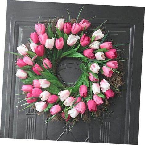 Couronne de tulipes de 43 cm pour porte d'entrée - Couronne d'été en soie, ornée de tulipes artificielles vertes (1/5)
