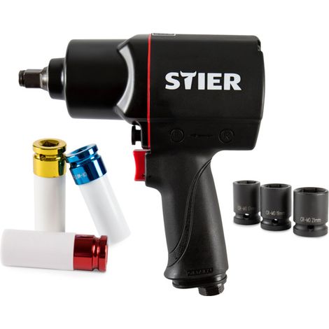 STIER Clé à Choc Pneumatique 17-BBS avec entraînement 1/2'', 8 pièces, rotation: 7.000 tr/min, plusieurs vitesses, visseuse à percussions, douilles kit (1/4)