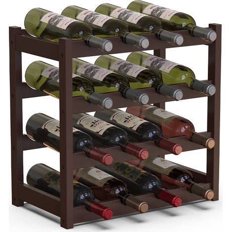 Cantinetta Portavino con 16 Scomparti Portabottiglie in Legno Bambù Colore Noce (1/4)