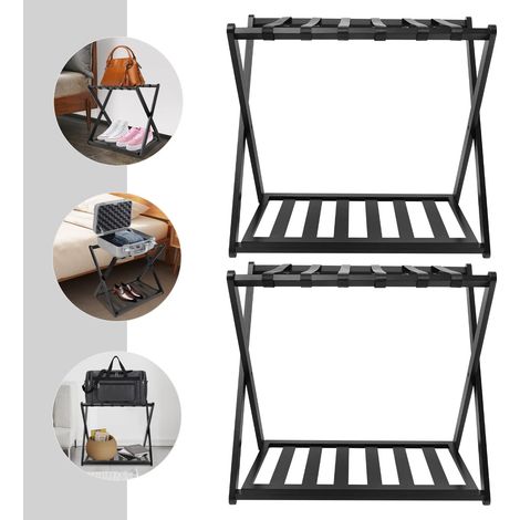 2 Pcs Bamboo Luggage Rack for Guest Room, 25.2" Folding Wide Suitcase Stand with Storage Shelf, Thickened Luggage Stand Holder for Bedroom Hotel, Travel, Luggage Rack for Suitcases