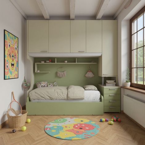 Cameretta a ponte con letto estraibile e spazio intelligente - Ecru e Salvia