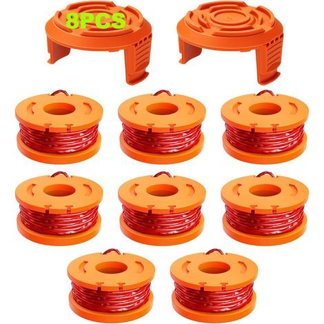 10 pezzi di filo per decespugliatore compatibile con decespugliatori, Ø 1,65 mm e bobina da 3 m, filo di ricambio per bobina e cappuccio protettivo (8 fili per decespugliatore, 2 cappucci) (1/5)