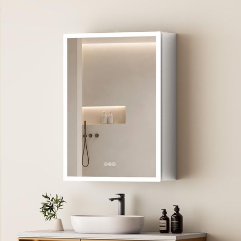Armoire de Salle de Bain avec Miroir, éclairage, 50 x 70 x 14,5 cm, Anti-buée, 3 Couleurs de lumière à intensité Variable, Prise de Courant, étagère en Verre, Fonction mémoire, Blanche, Double (1/5)