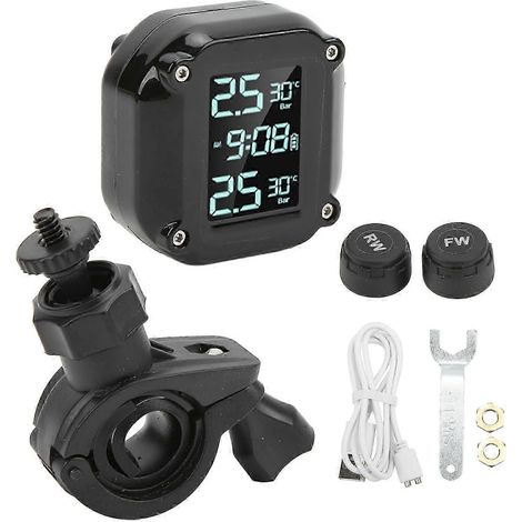Système de surveillance de la pression des pneus de moto (TPMS) avec 2 capteurs, chargement USB, écran LCD, étanchéité IP67 (1/5)