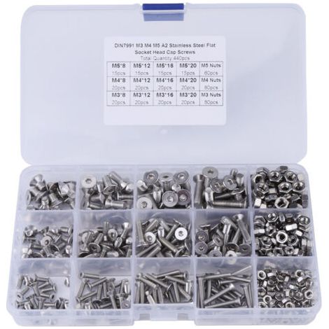 440 pcs M3 M4 M5 Boulons à tête plate à six pans creux et écrous hexagonaux pour kit d'assortiment de fixations de machine (1/5)
