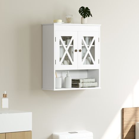 Armoire de Salle de Bain Murale Armoire à Pharmacie avec 2 Portes en Acrylique Étagère Ajustable Compartiment Ouvert Blanc (1/3)
