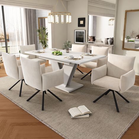 Set da pranzo con tavolo allungabile e 6 sedie, sedie girevoli 360°, MDF bianco e velluto beige (1/5)