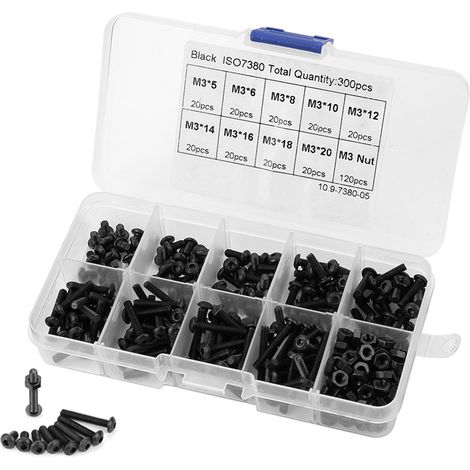 Kit 300 vis boulons écrous M3 tête bombée six pans creux noirs acier 10.9 assortiment (1/5)