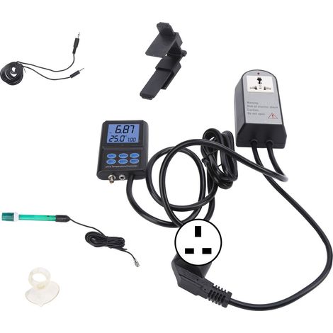 Contrôleur de pH PH-221 Testeur de qualité d'eau avec affichage rétroéclairé, mesure de température, prise UK 250V, sonde précise pour aquarium et piscine (1/5)