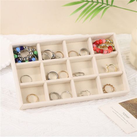 Plateau de rangement couleur beige 12 compartiments 21.312.42.4cm 1 boîte de rangement pour bijoux en velours grande taille adaptée aux bagues (1/5)