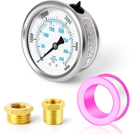 0-350 bar/0-5000 PSI Stainless Steel Liquid Pressure Gauge 1/4" BSP 2.5" DIAL FACE, Rear Mount with Brass Hex Sockets 3/8" x 1/4" and 1/2" x 1/4" WOG Water Oil Air (1/5)